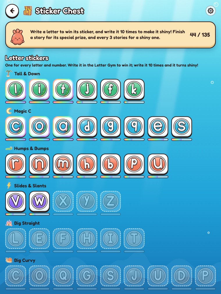 The Sticker Chest, with shiny letter stickers in the top rows