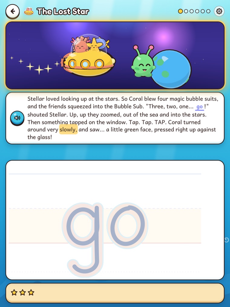A story page in space: the word go has been written, and the rest of the sentence is showing