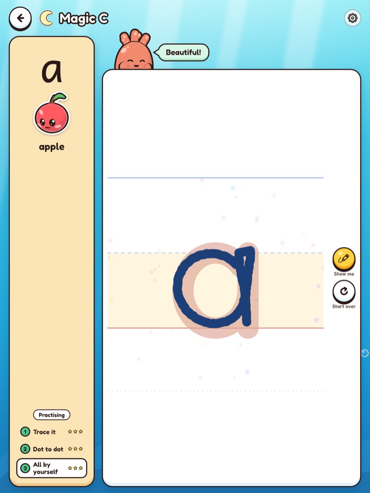 A child’s own handwritten letter a, a little wobbly, earning three stars